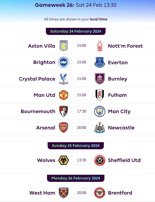 FPL GW26 Fixtures: